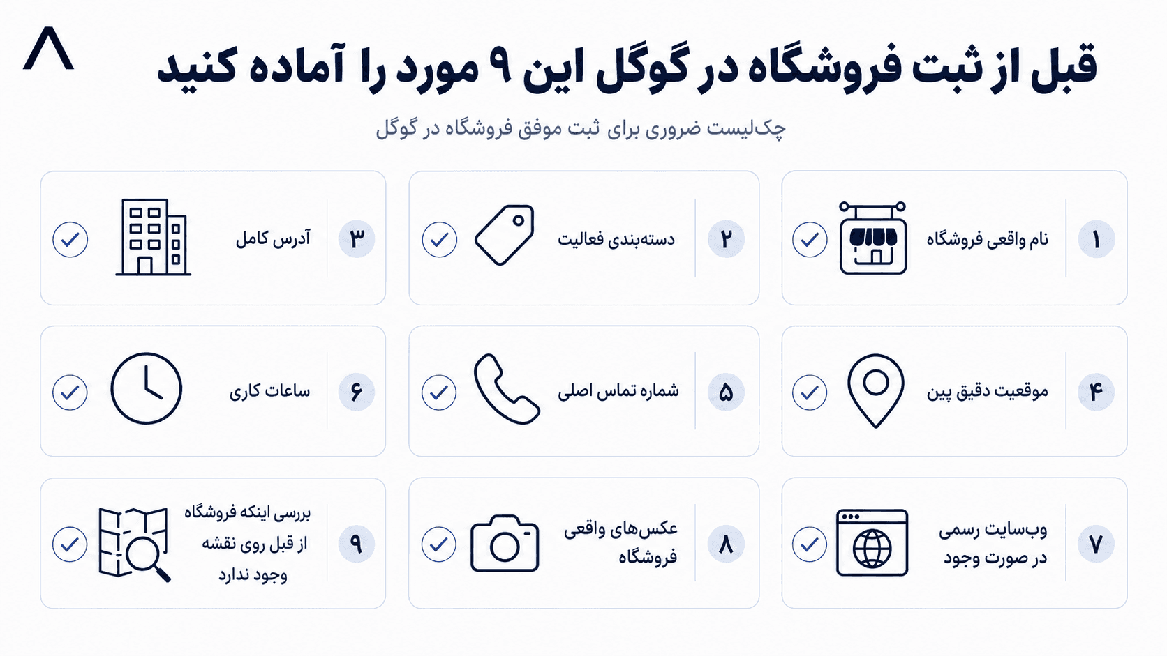 چکلیست ۹ مورد قبل از ثبت فروشگاه در گوگل — نام، آدرس، پین، تماس، ساعات و عکس